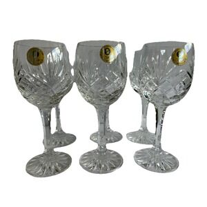 6 Zawiercie Crystal Hand Cut Wine Glasses Drape Cut w/Label Made In Poland